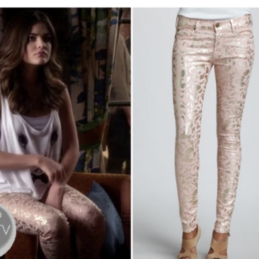 7 For All Mankind Pink & Gold Foil Floral Jeans 27